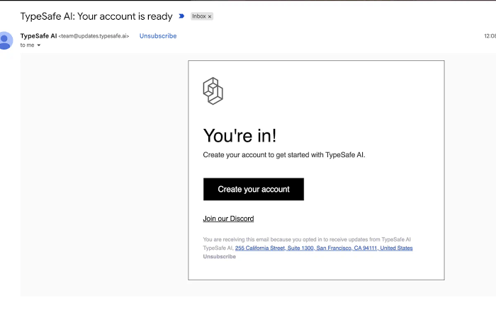 TypeSafe AI account-ready email on desktop Gmail